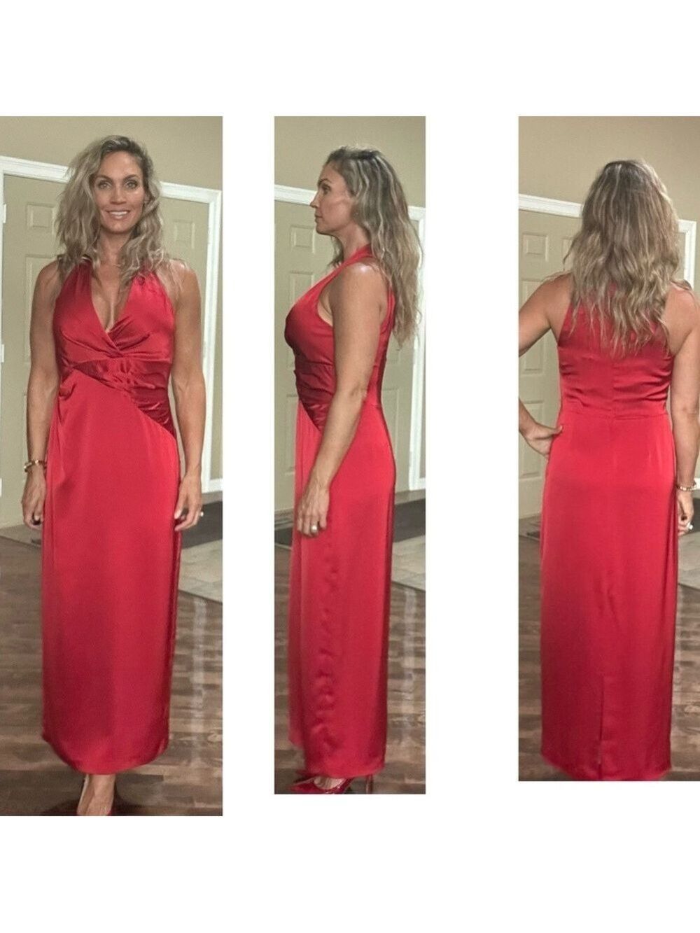 Lauren Ralph Lauren Red Sleeveless Pleated Satin Charmeuse Halter Maxi Gown 10